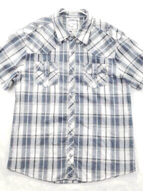 BKE Buckle Shirt Mens 2XL Blue White Western Pearl Snap Short Sleeve Slim Fit